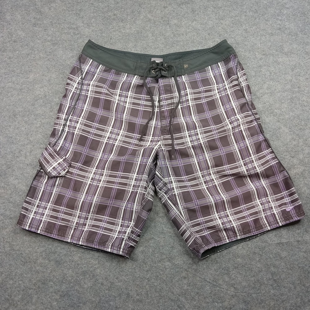 Nike Swim Board Shorts Mens 34 Purple Gray Plaid Drawstring Cargo Pocket‎